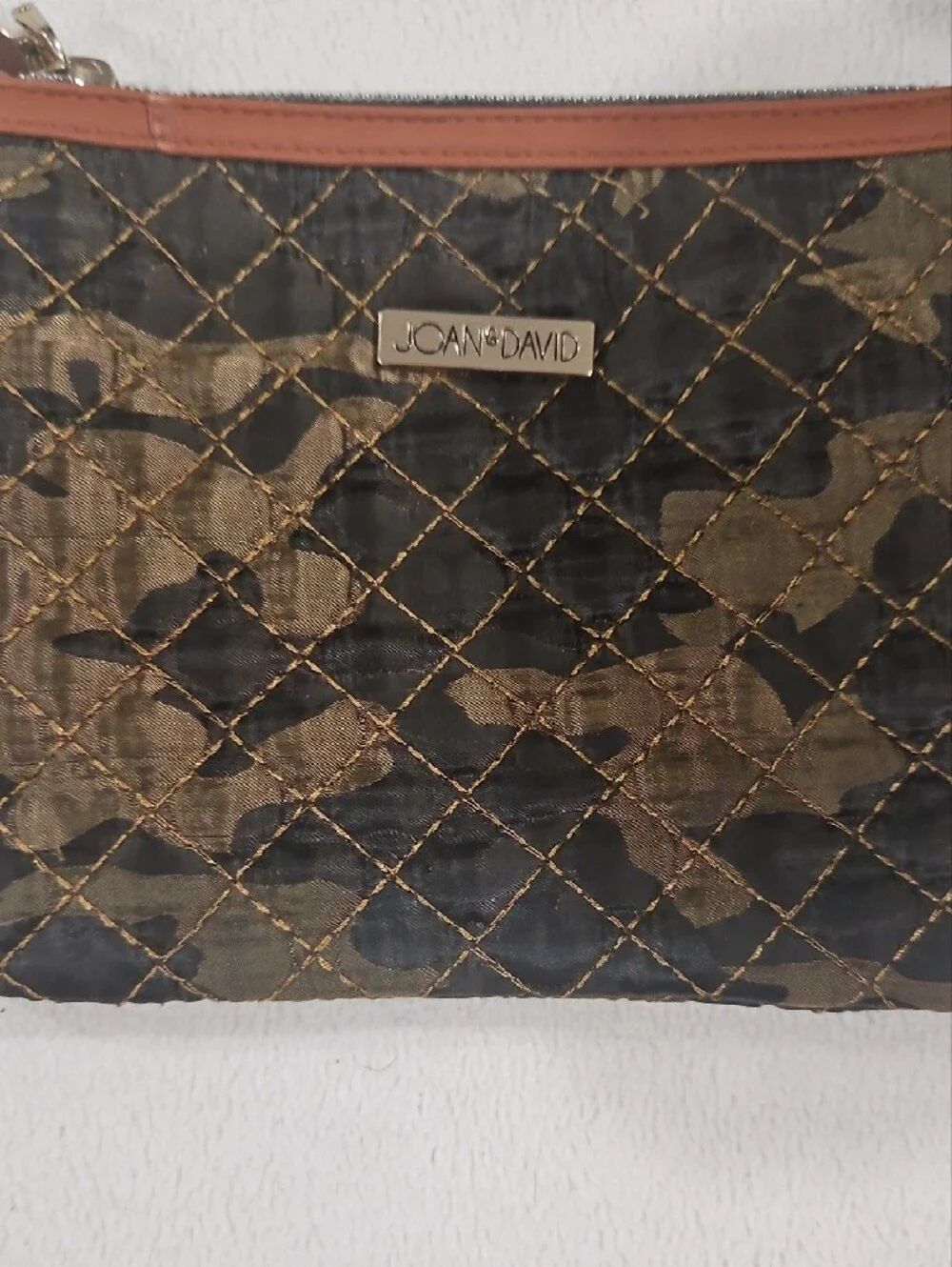 Joan & David Quilted Camo Wristlet Clutch in Olive, Black and Brown Trim
